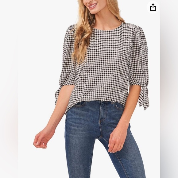 CECE Black and white‎ gingham tie sleeve top size M. - Picture 1 of 11